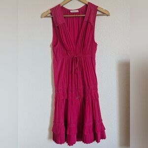 Ramy Brook Fuchsia Sleeveless V-Neck Tie Waist Ruffle Hem Dress Size Medium